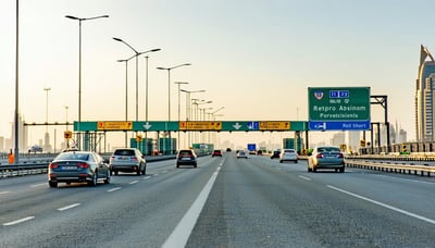 Dubai highway with cars passing through a toll gate