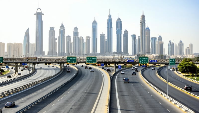 Dubai skyline with major highways and toll gates